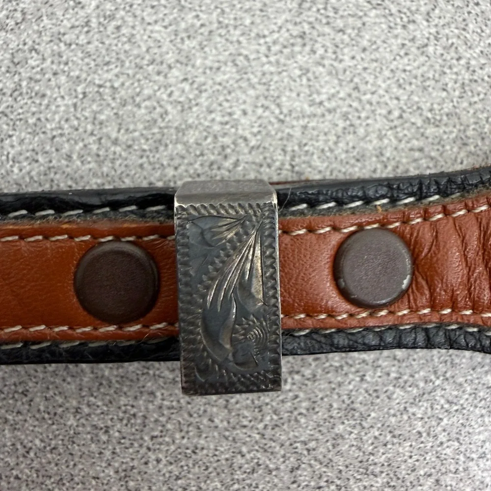 Vtg Tony Lama Belt Mens 32 Black Brown Western Sterling Overlay Engraved Leather